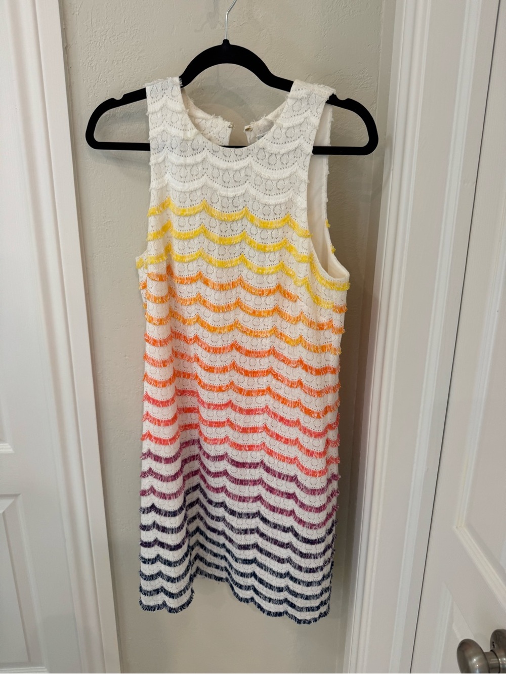 Trina Turk Women's White Lace Dress with Rainbow Fringe Stripes